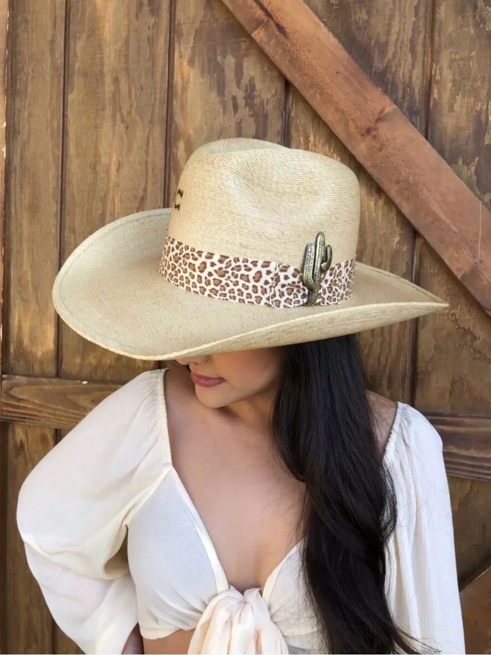Charlie Horse “Wild Thing” Western Hat with Leopard Band and Cactus Pin - Beige